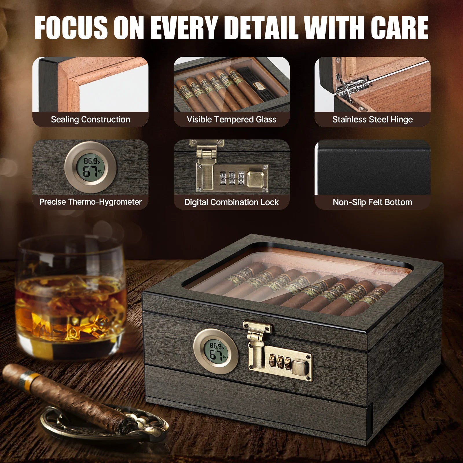 Cigar Humidor, Glass Top Desktop Box with Digital Thermo-Hygrometer, Humidifier, Divider, Accessories Drawer & Combination Lock
