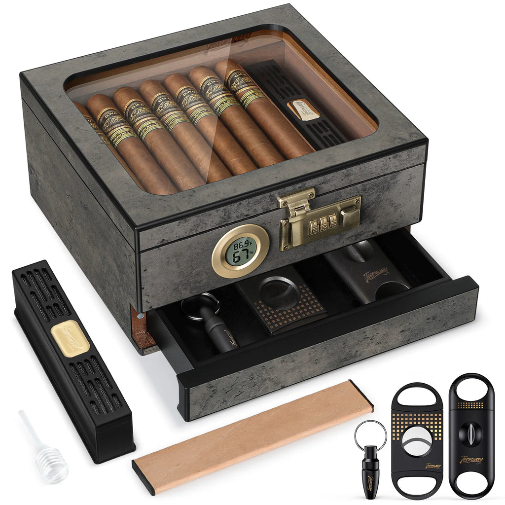 Cigar Humidor, Glass Top Desktop Box with Digital Thermo-Hygrometer, Humidifier, Divider, Accessories Drawer & Combination Lock