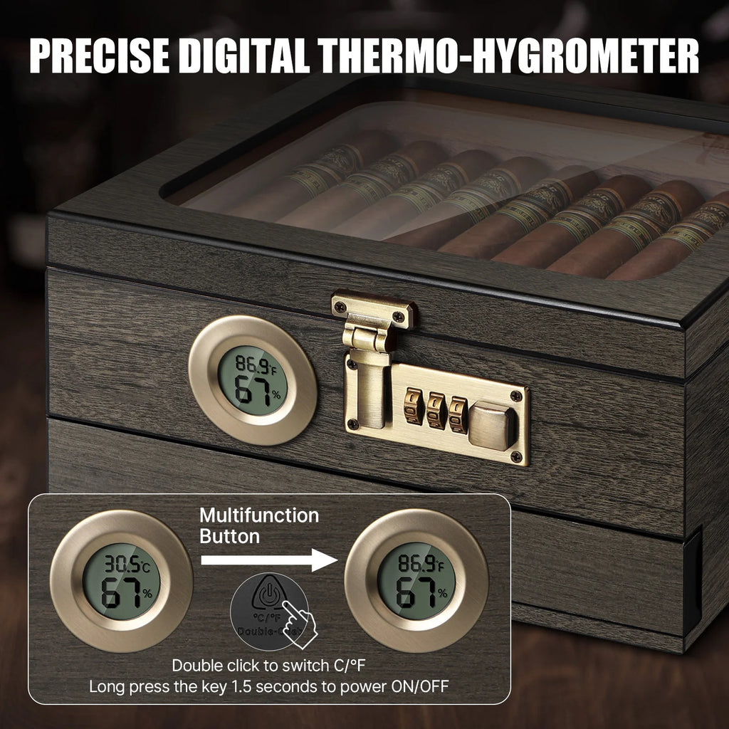 Cigar Humidor, Glass Top Desktop Box with Digital Thermo-Hygrometer, Humidifier, Divider, Accessories Drawer & Combination Lock