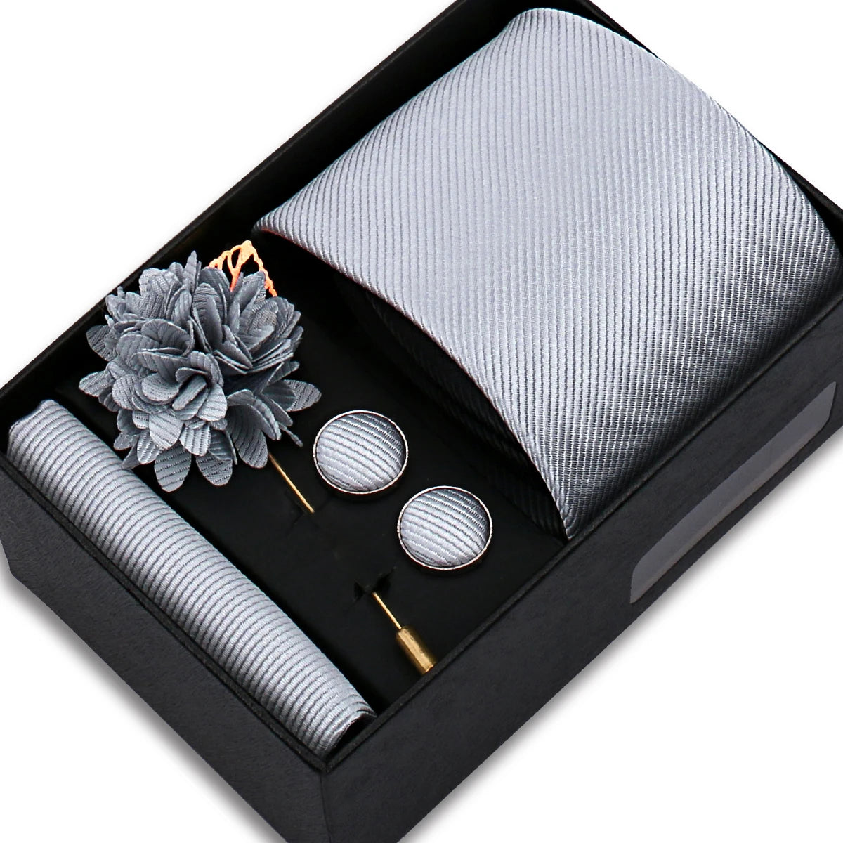 Solid Color Tie Set For Men Flower Pin