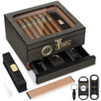 Cigar Humidor, Glass Top Desktop Box with Digital Thermo-Hygrometer, Humidifier, Divider, Accessories Drawer & Combination Lock