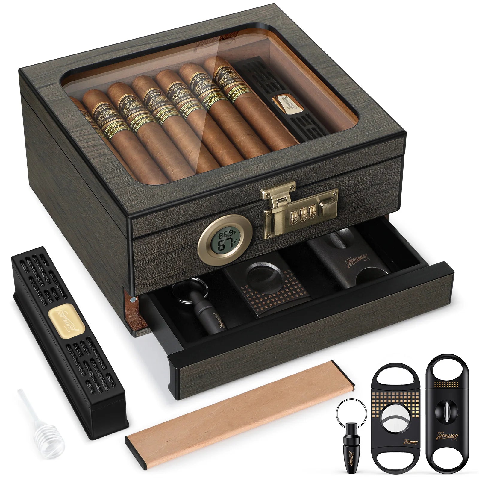 Cigar Humidor, Glass Top Desktop Box with Digital Thermo-Hygrometer, Humidifier, Divider, Accessories Drawer & Combination Lock